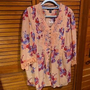 Roaman's Floral Crochet Blouse - Cream and Red